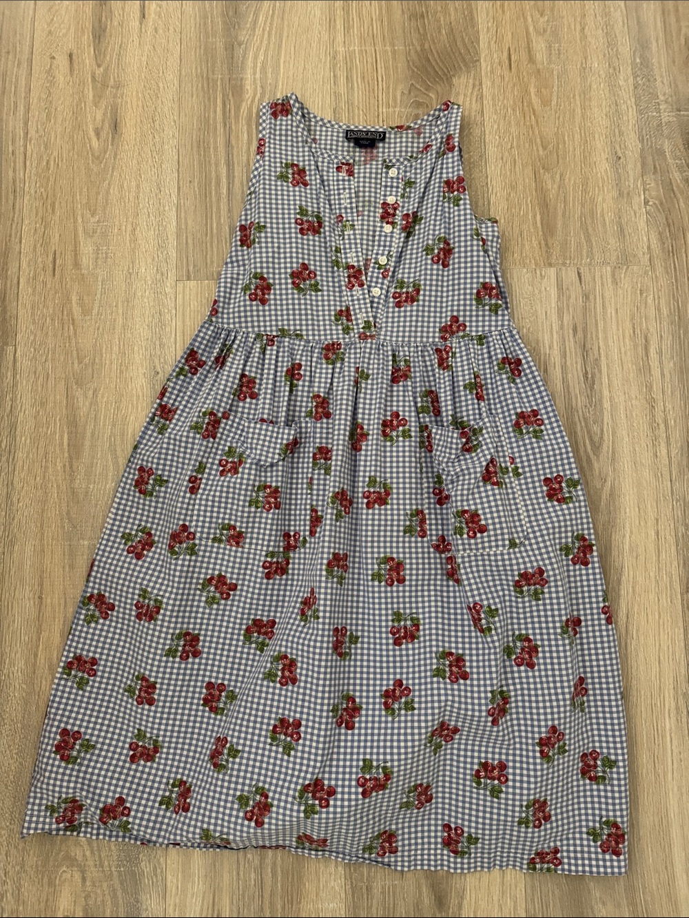 Lands' End Blue Gingham Dress with Red Cherry Print 100% cotton